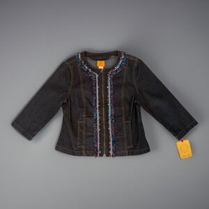 DARK BLUE DENIM BEADED JACKET Multicolor Fringe by RUBY RD Womens Size 8 NWT